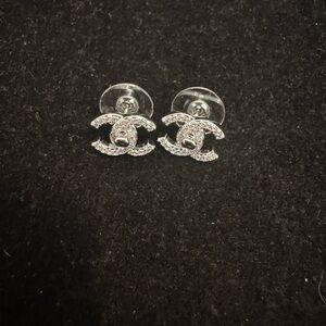 Chanel Elegant Silver CC Crystal Stud Earrings